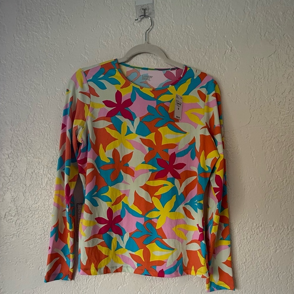 NWT Lands' End Women’s Long Sleeve Crew Neck Swim Tee Rash Guard Size M Floral - Picture 2 of 12